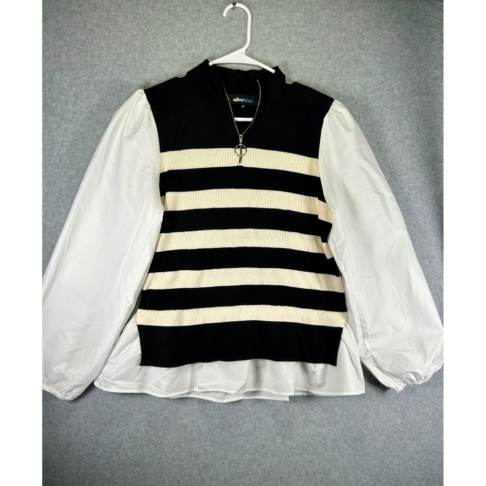 Alice Blue Layered Look Top Womens XL Fits S Striped 1/4 Zip Sweater Mixed Media